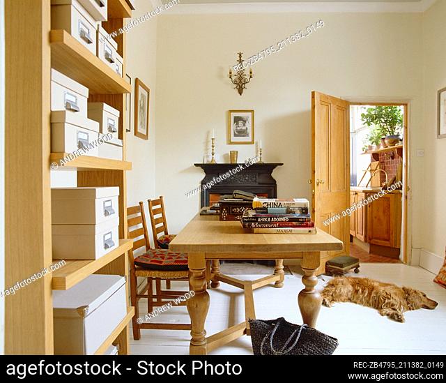 Dog asleep next to wooden table with books next to shelves with storage boxes and artwork above fireplace