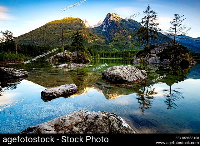 The lake Hintersee in the bavarian Alps at Ramsau in Germany