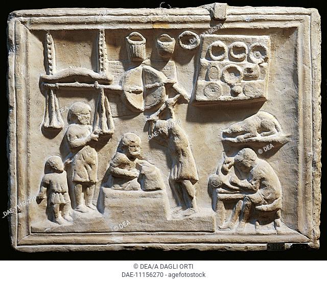 Roman civilization, 2nd century A.D. Relief depicting the interior of a workshop.  Rome, Museo Della Civiltà Romana (Museum Of Roman Civilisation)