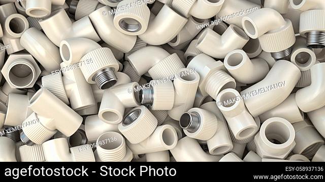 Various fittings of pvc plastic pipes and tubes in heap. Plumbing ackground. 3d illustration