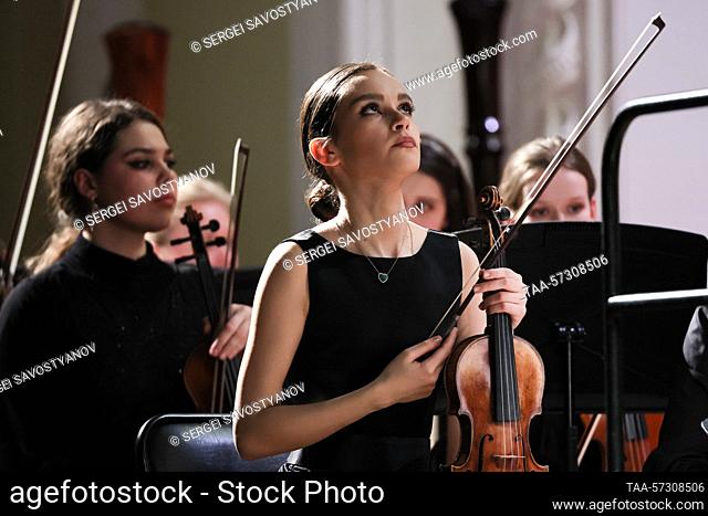 RUSSIA, MOSCOW - FEBRUARY 11, 2023: Concertmaster Valeria Abramova performs during a concert as part of the closing ceremony of the 4th Moscow Winter...