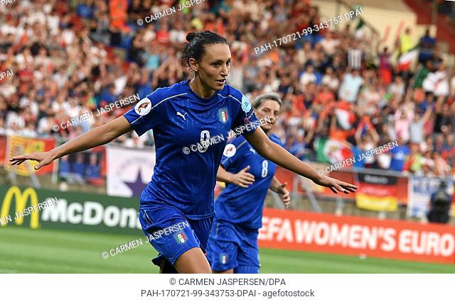 Ilaria Mauro of Italy cheers over her 1-1 equalizing score during the women's European Soccer Championships group B match between Germany and Italy at the...