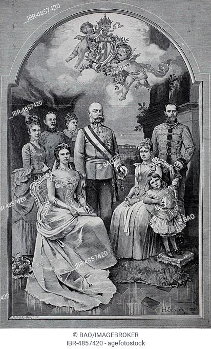 Empress Elisabeth of Austria, Franz Joseph I, Archduchess Marie Valerie, Archduchess Gisela, Stephanie and Elizabeth, Leopold of Bavaria, Archduke Rudolf, 1889
