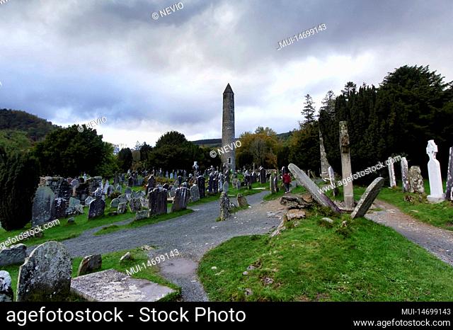 Medieval cemetery of the Glendalough monastery in the Wicklow mountains in Ireland
