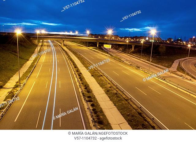 Radial 3 toll motorway, night view. Madrid, Spain