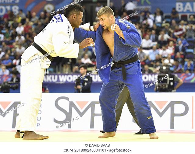 Czech judoka David Klammert (in blue) in action against Robert Florentin from Dominican Republic during a match of men's 90kg class in World Judo Championships...