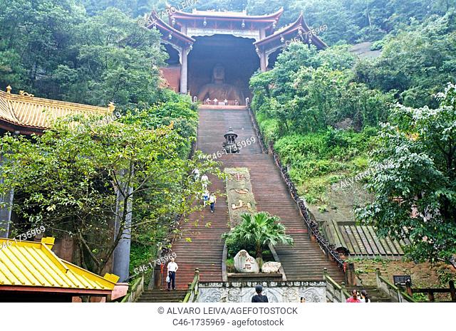 Stairs to the Leshan Giant Buddha, Leshan, Sichuan Province, Dadu river a tributary of the Yangtze River, China