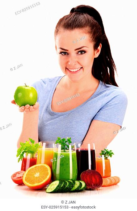 Young woman with variety of vegetable and fruit juices. Detox diet
