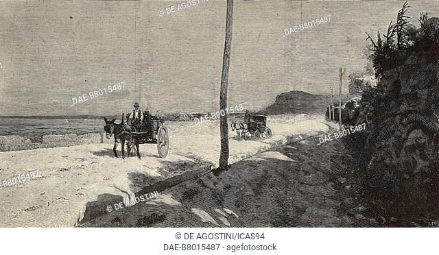 Men on cart or coach, Summer, engraving from a painting by Francesco Lojacono, from L'Illustrazione Italiana, year 19, no 8, February 21, 1892