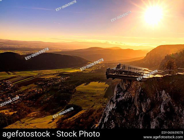 Mountain Peak Skywalk at the Hohe Wand in lower austria during sunset in Autumn