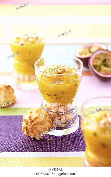 Stewed exotic fruit on crumbled coconut cookies