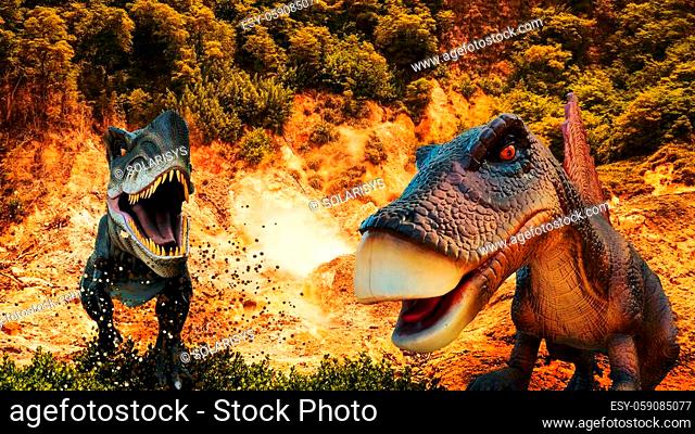 Dinosaurs at abstract nature background. Prehistory concept