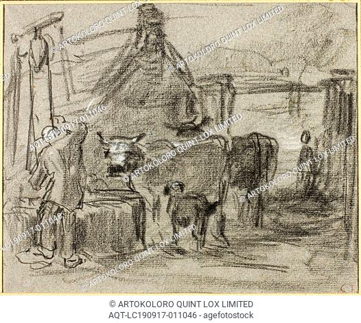 Farmyard with Man and Cattle, n.d., Constant Troyon, French, 1810-1865, France, Black chalk, heightened with touches of white chalk