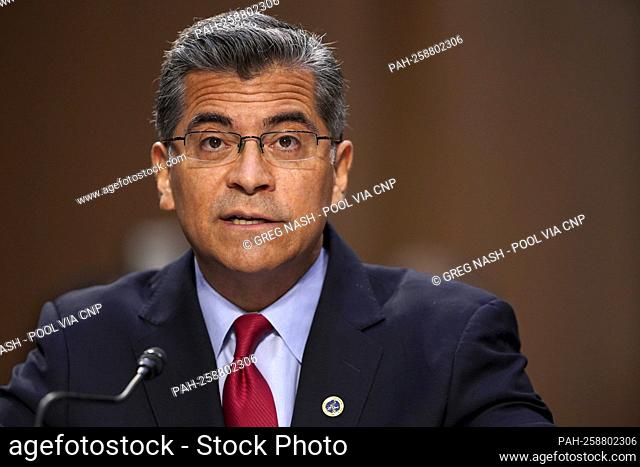 Secretary of Health and Human Services Xavier Becerra gives an opening statement during a Senate Health, Education, Labor