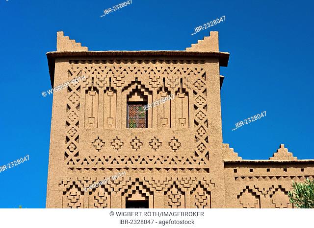 Tower of a kasbah with many ornamental decorations, mud brick fortress of the Berber people, Tighremt, Amerhidil Kasbah, Skoura, lower Dades Valley