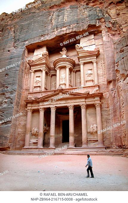 PETRA - NOV 09:A man visits the Treasury at Petra, Jordan on November 09 2007 Petra is one of the new Seven Wonders of the World Photo by NEWSCOM OUT