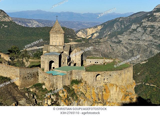 Tatev monastery standing on the edge of a deep gorge of the Vorotan River, Syunik Province in southeastern Armenia, Eurasia