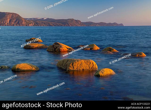 Green Point Rocks and coast at sunset, Gros Morne National Park, Newfoundland and Labrador NL, Canada