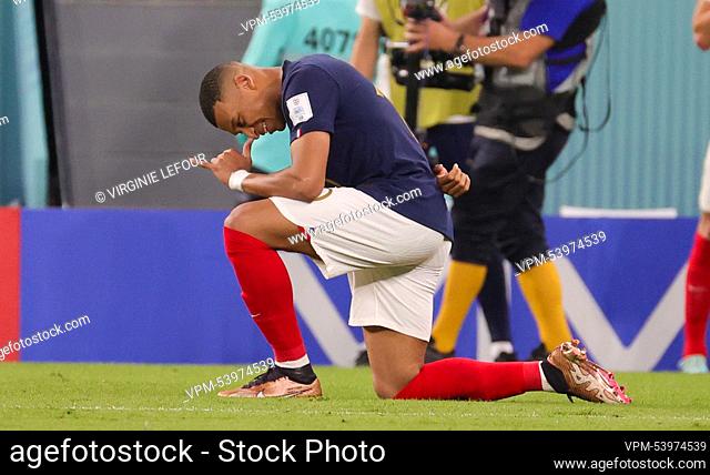 France's Kylian Mbappe celebrates after scoring during a soccer game between France and Denmark, in Group D of the FIFA 2022 World Cup, at the Stadium 974