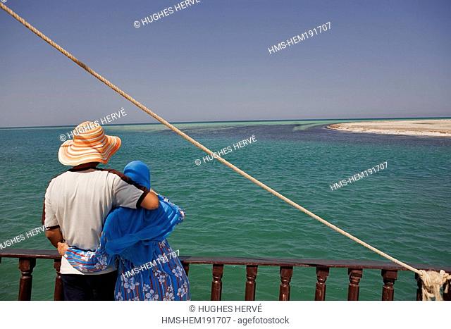 Tunisia, Djerba, Houmt Souk, Flamingo Island, couple on a pirates boat
