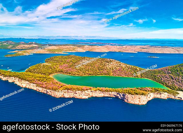 Telascica nature park and green Mir lake on Dugi Otok island aerial view, Kornati archipelago national park of Croatia