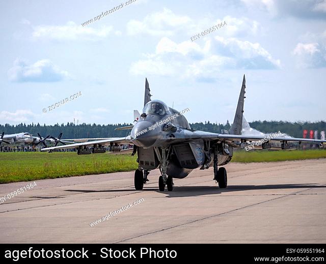 Moscow Russia Zhukovsky Airfield 31 August 2019: aerobatic MiG-29 perfoming demonstration flight of the international aerospace salon MAKS-2019