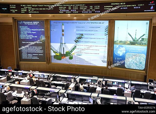 RUSSIA, MOSCOW REGION - DECEMBER 1, 2023: The centre's employees watch a live broadcast of the launch of a Soyuz-2.1a rocket booster carrying the Progress MS-25...
