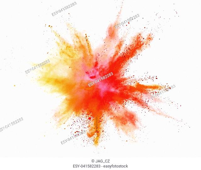 Explosion of coloured powder isolated on white background. Abstract colored background