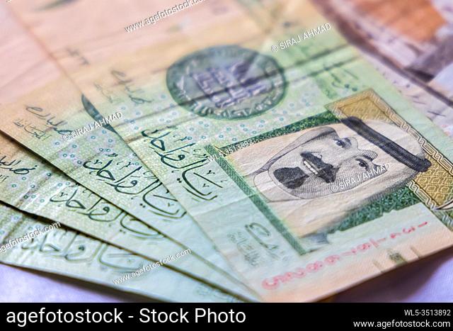 Closeup Saudia Arab Riyal Bank Notes. King of KSA