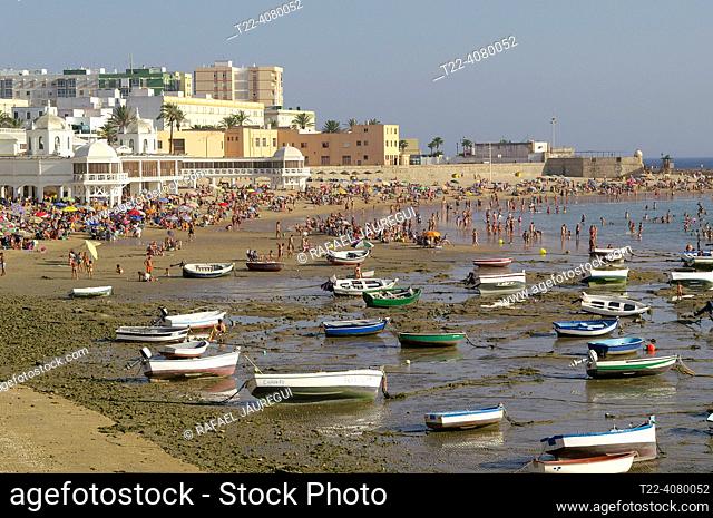 Cádiz (Spain). Boats stranded on the beach of La Caleta in the city of Cádiz
