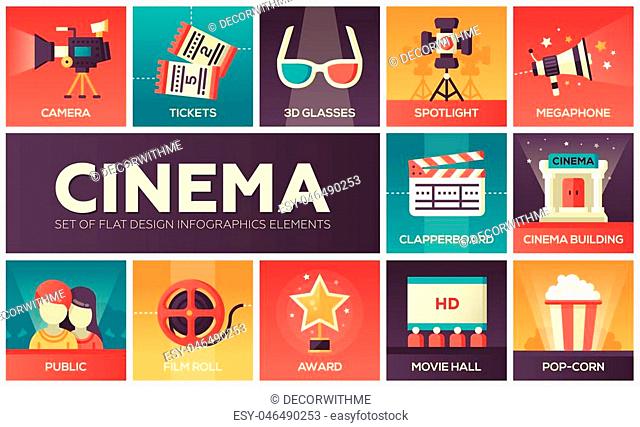 Cinema - set of modern vector flat design icons with gradient colors. Movie production symbols 3d glasses, film, pop corn, camera, award, ticket, hall