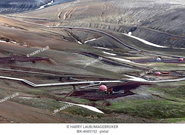 Pipelines of the geothermal power plant Krafla in volcanic landscape, Krafla, Northern Iceland, Iceland