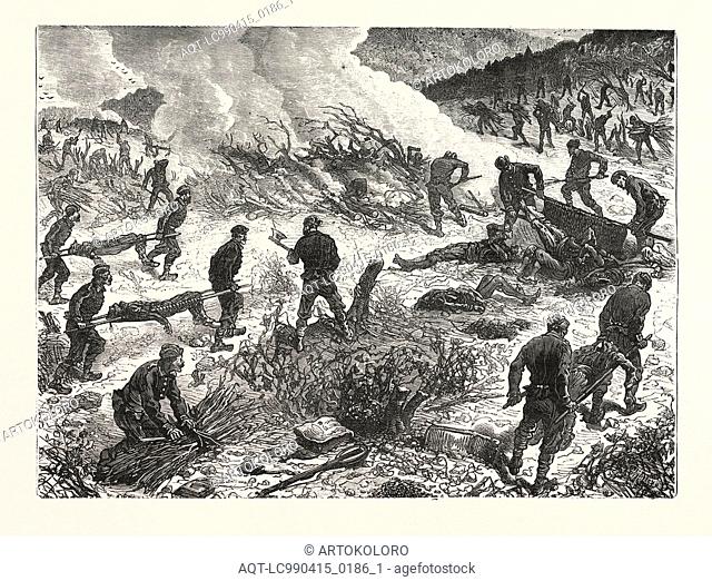 THE WAR: SERVIAN SOLDIERS BURNING THE BODIES OF TURKS KILLED IN THE FIGHT OF AUGUST 23, AND UNRECOVERED ON THE 27TH, IN THE WOOD OF BUIMIR, NEAR ALEXINA