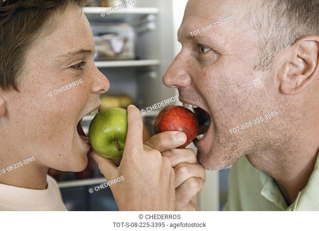 Side profile of a mature man with his son looking at each other and eating apples