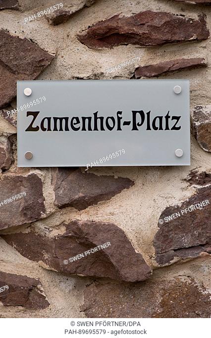 A sign that reads 'Zamenhof-Platz' (lit. Zamenhof Square) has been mounted to a stone wall in Herzberg, Germany, 07 April 2017