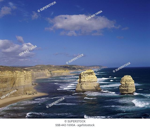 High angle view of rock formations in the ocean, Gibson Beach, Port Campbell National Park, Australia