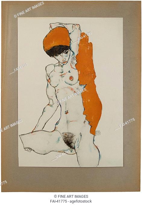 Female nude with orange-red cloth by Schiele, Egon (1890-1918)/Colour lithograph/Expressionism/1914/Austria/Private Collection/Nude painting/Graphic arts/Akt...
