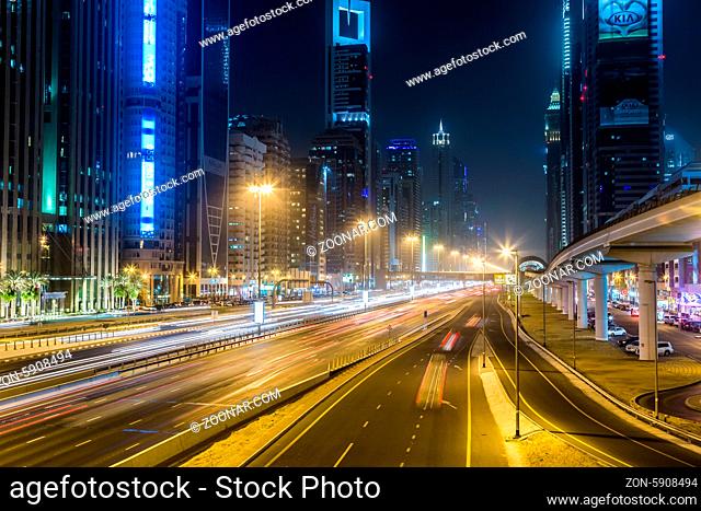 DUBAI, UAE - JANUARY 10: View of Sheikh Zayed Road skyscrapers in Dubai, UAE on JANUARY 10, 2013. More than 25 skyscrapers can be found here