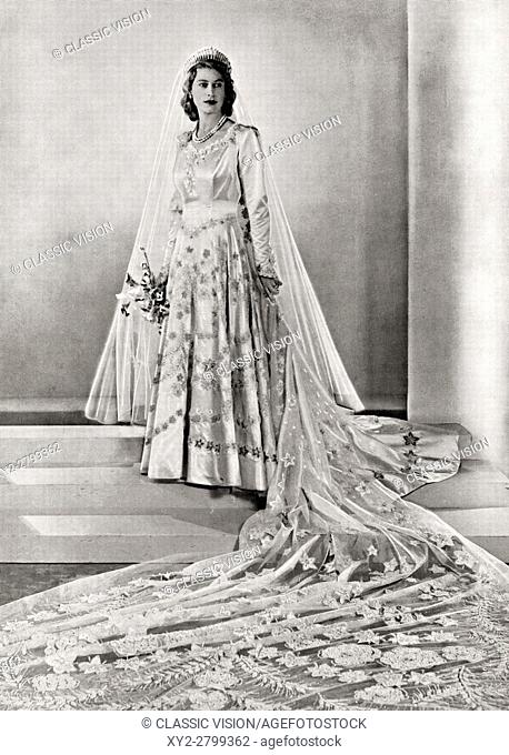 Princess Elizabeth, future Queen Elizabeth II, born 1926, seen here on her wedding day. From a photograph taken in 1947
