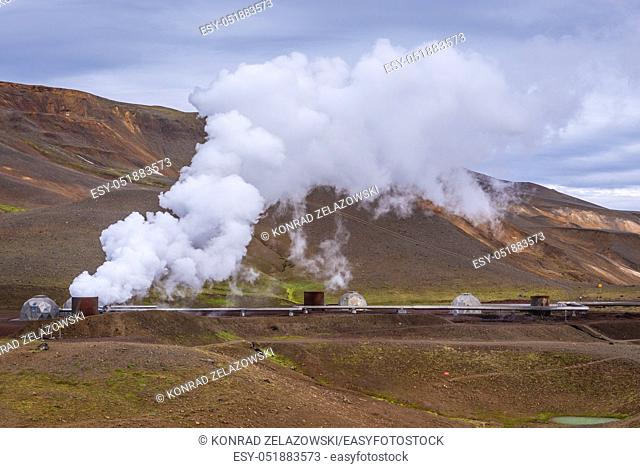Units of Kroflustod - Krafla geothermal power plant close to the Krafla Volcano in Iceland, view from Viti crater
