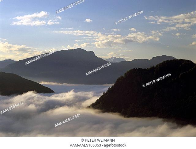 Early Morning Fog over Walchsee in Spring, Kaiser Mountains, Tirol, Austria