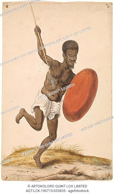 Malagasy warrior with assegai and shield, Black warrior in a white cloth. He is wearing an assegaai (spear) and a red shield, Africans, Madagascar, anonymous