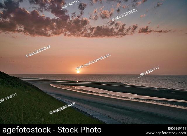 Dune and sunset at the North Beach, North Sea, Wangerooge, Lower Saxony, Germany, Europe