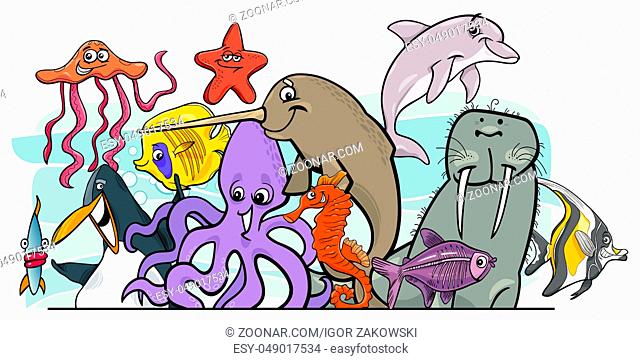 Cartoon illustration of Sea Life Animal Characters Group