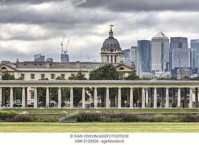 Queen's House and Canary Wharf, cityscape from Greenwich hill, Greenwich, London, England, UK