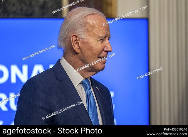 United States President Joe Biden delivers remarks at a meeting of the National Infrastructure Advisory Council in the Indian Treaty Room in the Eisenhower...