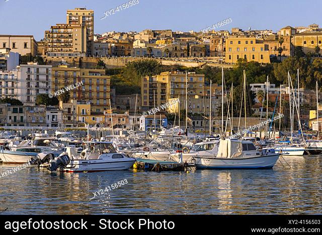 The harbour front seen from the port. Sciacca, Sicily, Italy