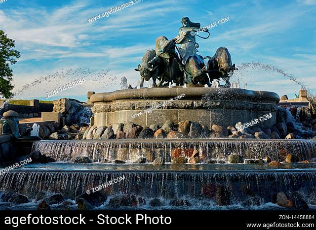 COPENHAGEN, DENMARK - MAY 25, 2017: The Gefion Fountain (Danish: Gefionspringvandet) on the harbor front. It features oxen being driven by the Norse goddess...