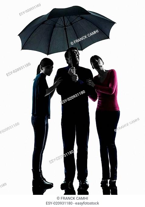 family father mother daughter under umbrella danger afraid si