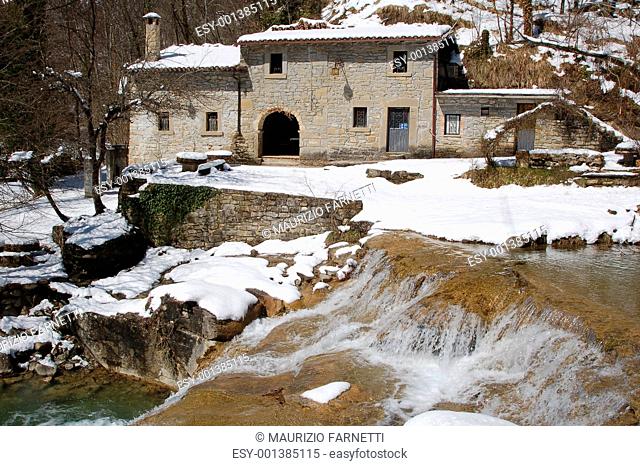 Old mill on the river Vomano. National Park of Gran Sasso. Italy